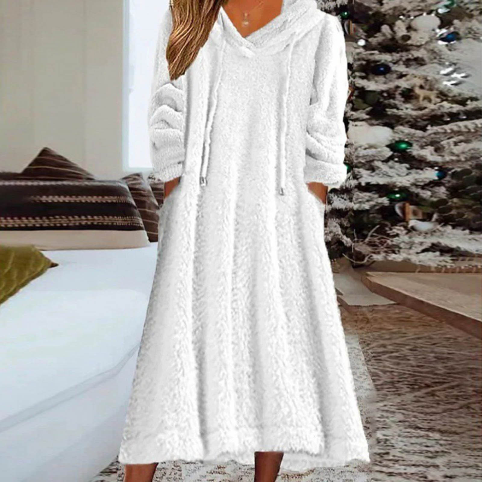 Xysaqa Women's Long Sleeve Hoodies Nightgown Oversized Comfort Fuzzy Fleece Sleepwear Sherpas Night Dress Women Winter Warm Loungewear with Pockets Plus Size 2X 3X 4X Summer Savings White